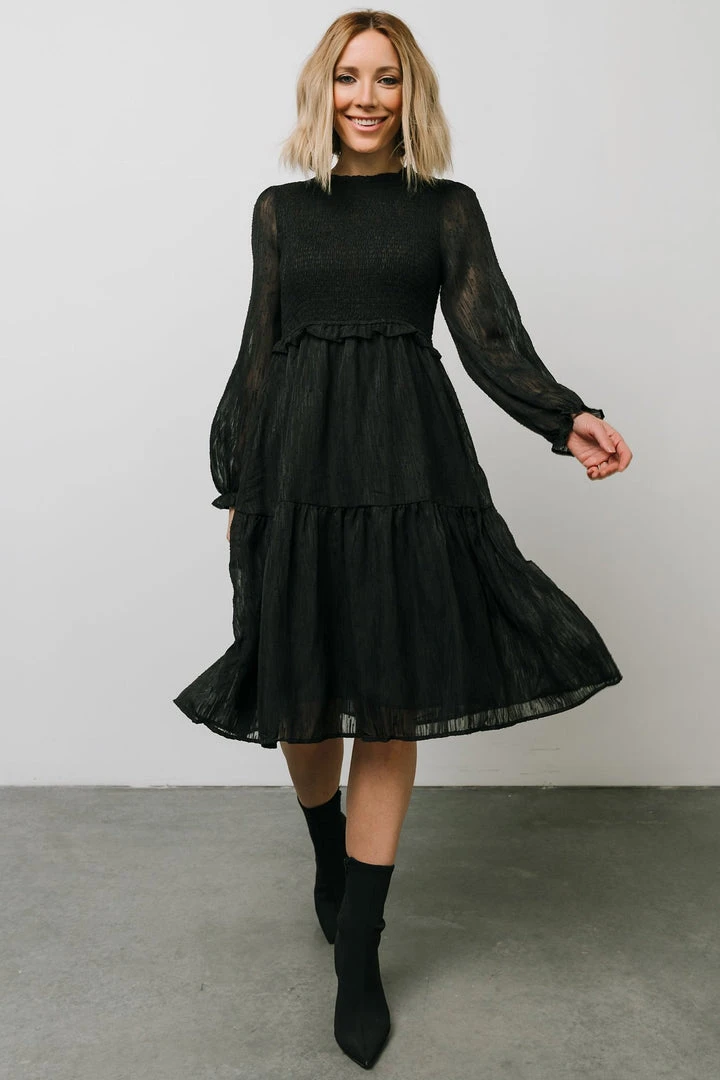 HAY Trinity Smocked Dotted Midi Dress | Black Dresses 5 HAY Trinity Smocked Dotted Midi Dress | Black Dresses