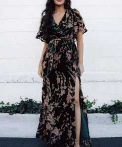 BB Custom Uma Velvet Maxi Dress | Green Floral
