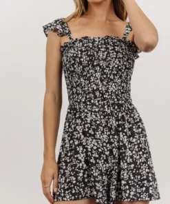 AK Valencia Smocked Romper | Black + White Ditsy Floral