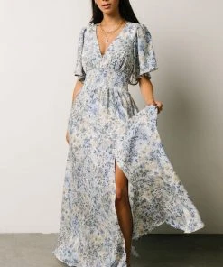 BB Custom Verona Smocked Maxi Dress | White + Blue Print Dresses
