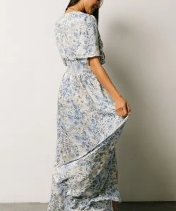 BB Custom Verona Smocked Maxi Dress | White + Blue Print Dresses