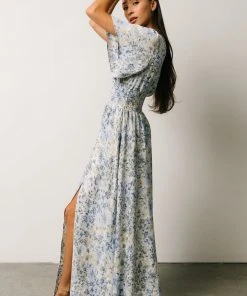 BB Custom Verona Smocked Maxi Dress | White + Blue Print Dresses