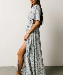 BB Custom Verona Smocked Maxi Dress | White + Blue Print Dresses