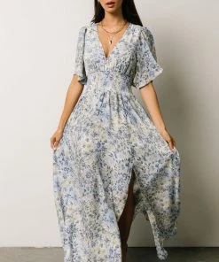 BB Custom Verona Smocked Maxi Dress | White + Blue Print Dresses