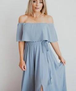 BB Custom Victoria Off Shoulder Maxi Dress | Light Blue