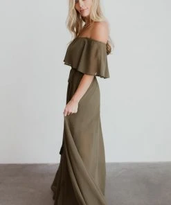 BB Custom Dresses Victoria Off Shoulder Maxi Dress | Olive
