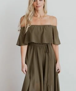 BB Custom Dresses Victoria Off Shoulder Maxi Dress | Olive