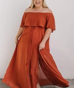 BB Custom Maxi Dresses Victoria Off Shoulder Maxi Dress | Rust