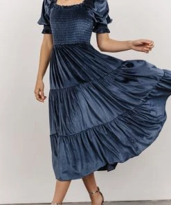 BB Custom Dresses Vivaldi Smocked Velvet Midi Dress | Blue