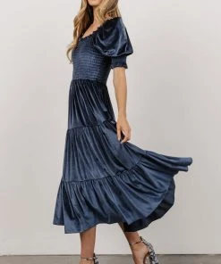BB Custom Dresses Vivaldi Smocked Velvet Midi Dress | Blue