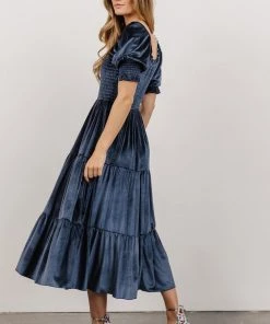 BB Custom Dresses Vivaldi Smocked Velvet Midi Dress | Blue