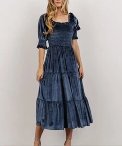 BB Custom Dresses Vivaldi Smocked Velvet Midi Dress | Blue
