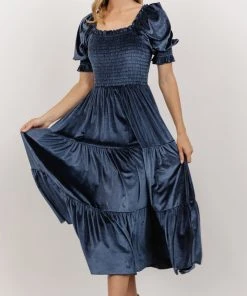 BB Custom Dresses Vivaldi Smocked Velvet Midi Dress | Blue