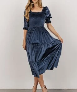 BB Custom Dresses Vivaldi Smocked Velvet Midi Dress | Blue