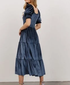 BB Custom Dresses Vivaldi Smocked Velvet Midi Dress | Blue