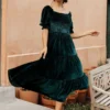 BB Custom Dresses Vivaldi Smocked Velvet Midi Dress | Dark Green