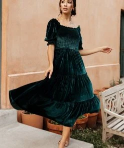 BB Custom Dresses Vivaldi Smocked Velvet Midi Dress | Dark Green