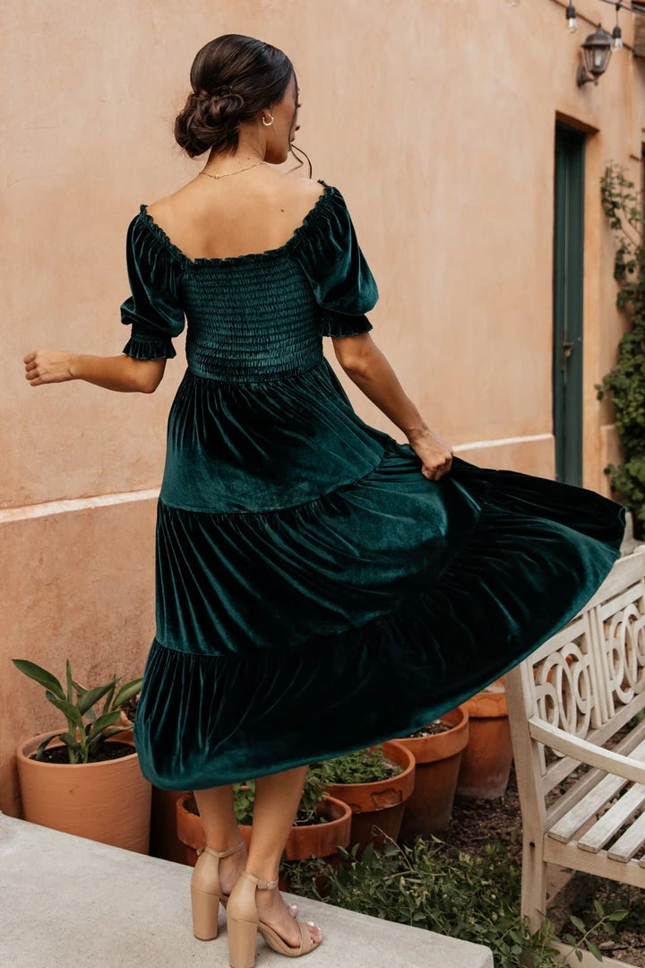 BB Custom Dresses Vivaldi Smocked Velvet Midi Dress | Dark Green 4 BB Custom Dresses Vivaldi Smocked Velvet Midi Dress | Dark Green