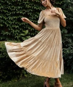 BB Custom Vivaldi Smocked Velvet Midi Dress | French Gold Dresses