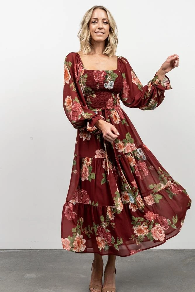 FT Dresses Vyn Tiered Midi Dress | Burgundy Floral 4 FT Dresses Vyn Tiered Midi Dress | Burgundy Floral