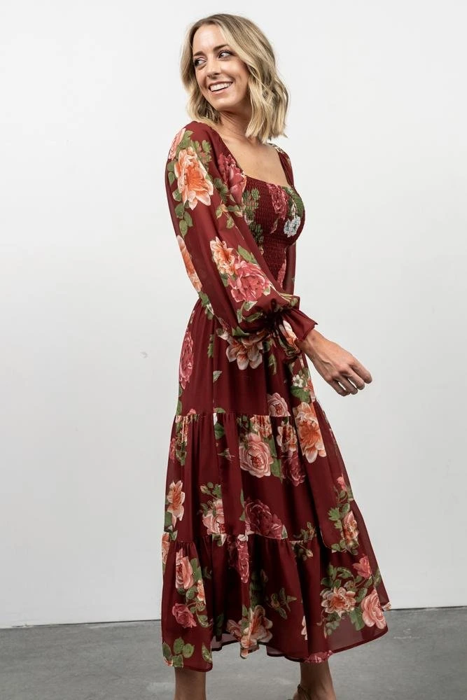 FT Dresses Vyn Tiered Midi Dress | Burgundy Floral 6 FT Dresses Vyn Tiered Midi Dress | Burgundy Floral