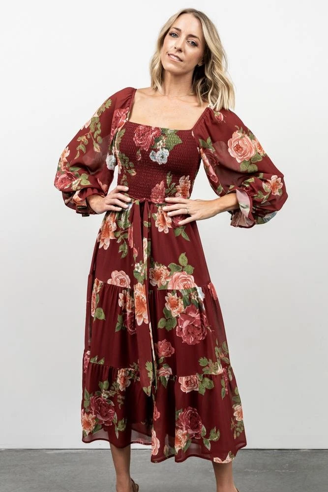 FT Dresses Vyn Tiered Midi Dress | Burgundy Floral 10 FT Dresses Vyn Tiered Midi Dress | Burgundy Floral