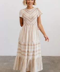 POL Dresses Willow Smocked Maxi Dress | Tan Striped