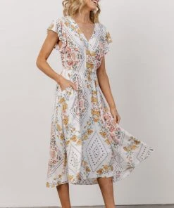 KA Wren Ruffle Sleeve Midi Dress | Ivory Geometric Floral Print Dresses