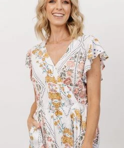 KA Wren Ruffle Sleeve Midi Dress | Ivory Geometric Floral Print Dresses