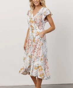 KA Wren Ruffle Sleeve Midi Dress | Ivory Geometric Floral Print Dresses
