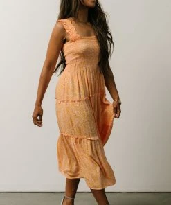 BS Zella Smocked Midi Dress | Orange + Pink Print