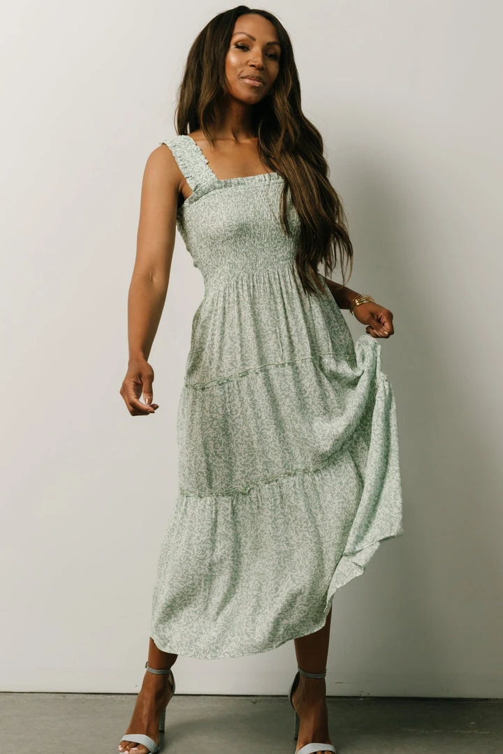 BS Zella Smocked Midi Dress | Sage Print Dresses 1 BS Zella Smocked Midi Dress | Sage Print Dresses
