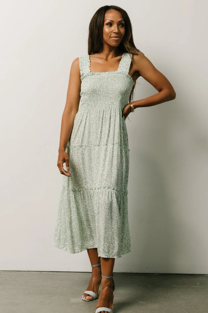 BS Zella Smocked Midi Dress | Sage Print Dresses 2 BS Zella Smocked Midi Dress | Sage Print Dresses