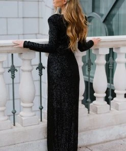 RR Zurich Long Sleeve Sequin Gown | Black