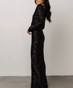 RR Zurich Long Sleeve Sequin Gown | Black