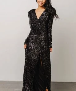 RR Zurich Long Sleeve Sequin Gown | Black
