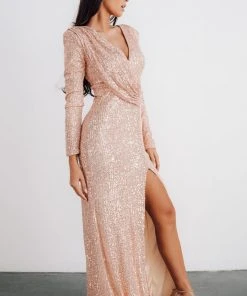 RR Dresses Zurich Long Sleeve Sequin Gown | Rose Gold